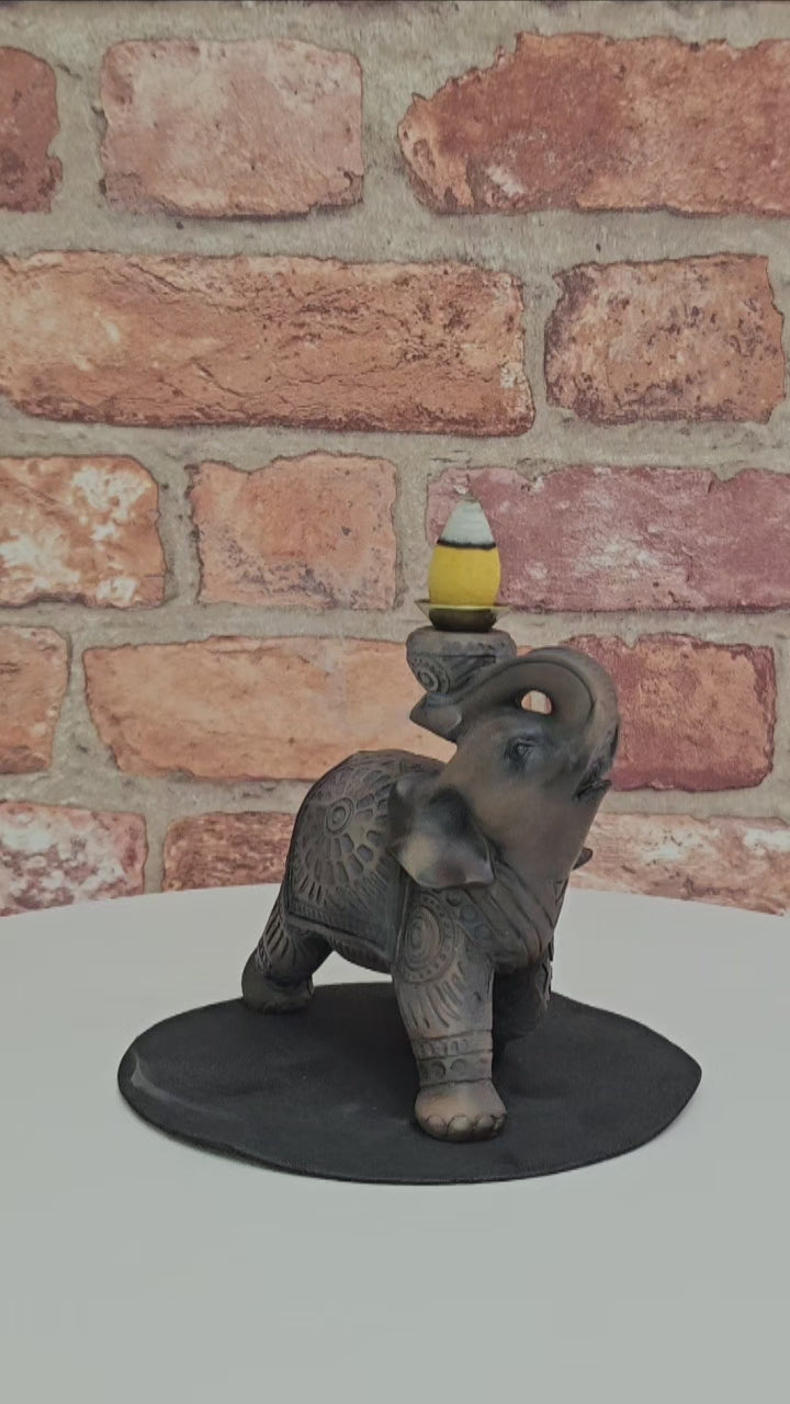 Elephant Backflow Incense Burner | Brushed Wood Effect Resin Figurine