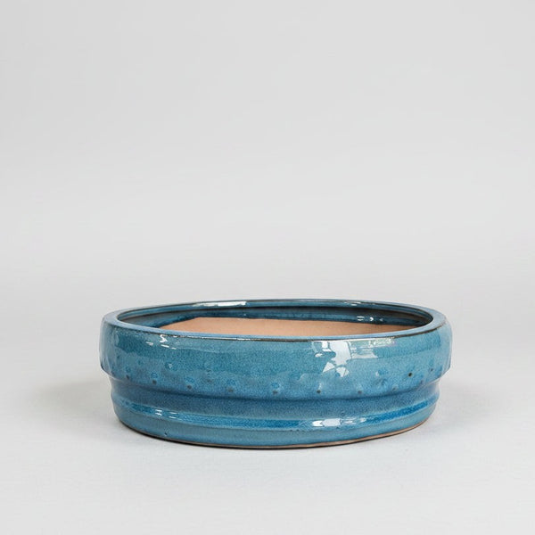 Yorkshire Bonsai 31cm blue glazed ceramic round drum style bonsai pot with drainage holes.