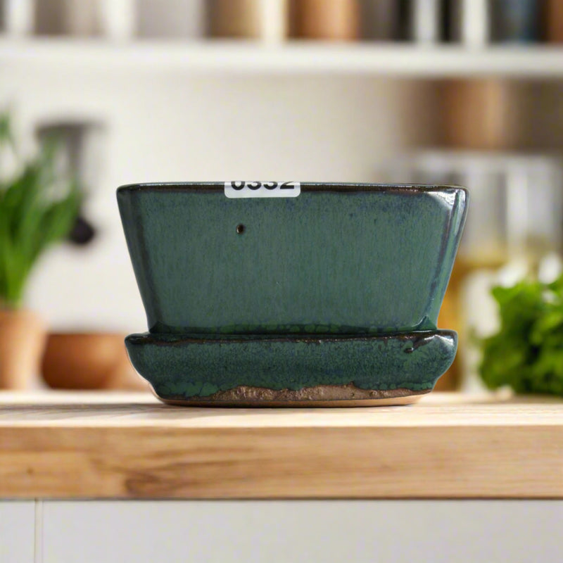 10cm Glazed Bonsai Pot | Square | 10cm x 5cm | Green | With drip tray - Yorkshire Bonsai