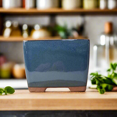 13cm Glazed Cascade Bonsai Pot | Square | 13cm x 13cm x 10cm | Blue - Yorkshire Bonsai