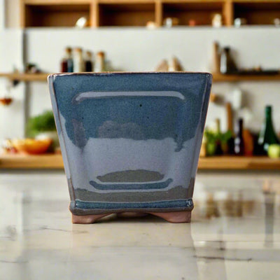 15cm Glazed Cascade Bonsai Pot | Square | 15cm x 15cm x 12cm | Blue - Yorkshire Bonsai