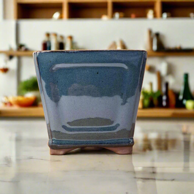 15cm Glazed Cascade Bonsai Pot | Square | 15cm x 15cm x 12cm | Blue - Yorkshire Bonsai