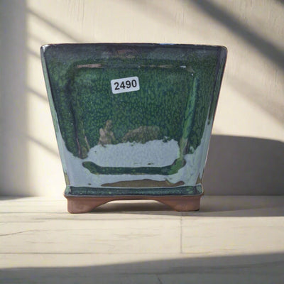 15cm Glazed Cascade Bonsai Pot | Square | 15cm x 15cm x 12cm | Dark Green - Yorkshire Bonsai