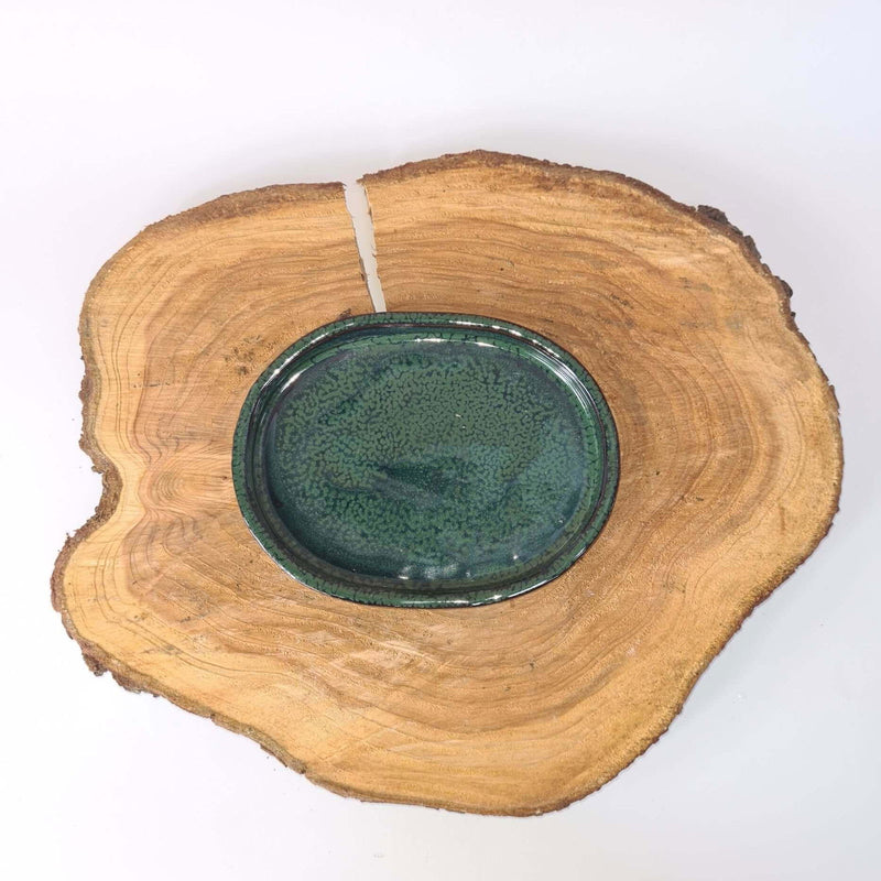 18cm Glazed Drip Tray | Oval | Dark Green - Yorkshire Bonsai