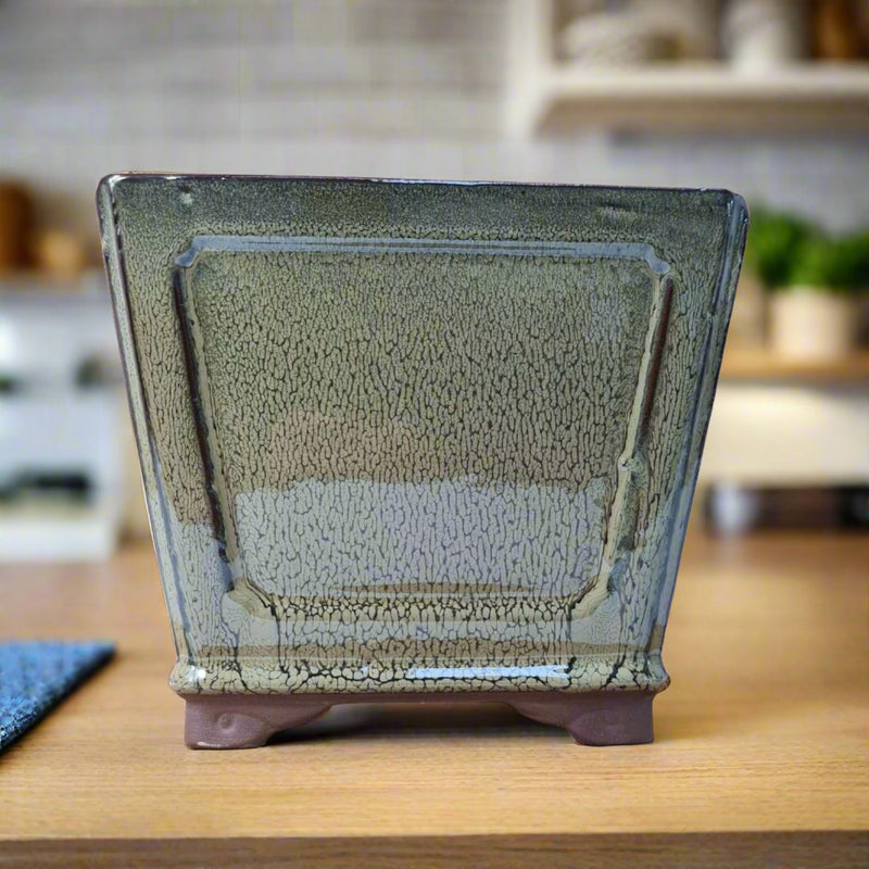 19cm Glazed Cascade Bonsai Pot | Square | 19cm x 19cm x 14cm | Green - Yorkshire Bonsai