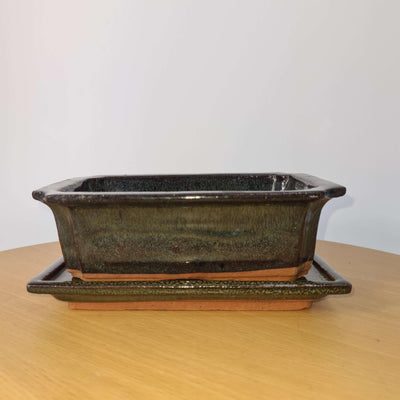 18cm Glazed Bonsai Pot | Rectangle | 18cm | Green | With Drip Tray | Clearance