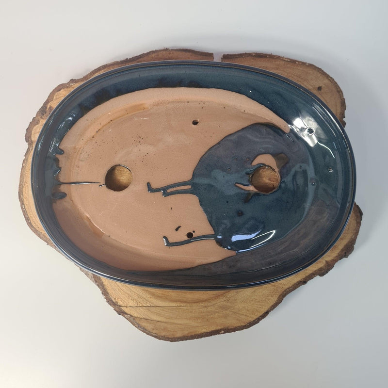 25cm Glazed Bonsai Pot | Oval | 25cm x 18cm x 4.5cm | Blue - Yorkshire Bonsai