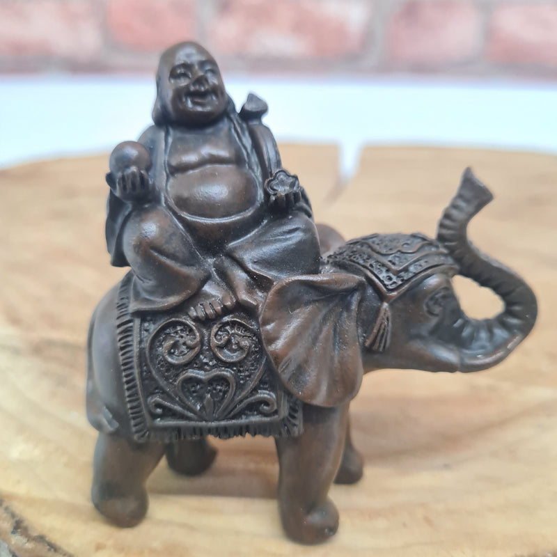 Lucky Buddha On Elephant | Brushed Wood Effect Resin Figurine