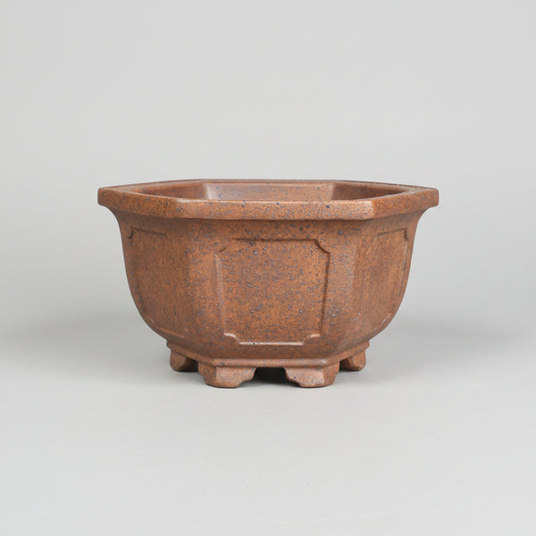 Premium Yixing Bonsai Pot | Unglazed Embossed Hexagonal Pot | 13.5cm x 13.5cm x 8cm