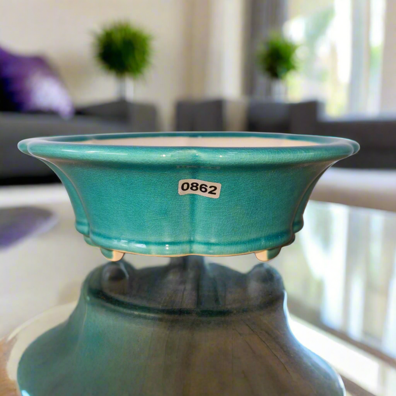 20cm Premium Glazed Bonsai Pot | Floral | 20cm x 20cm x 6.5cm | Turquoise