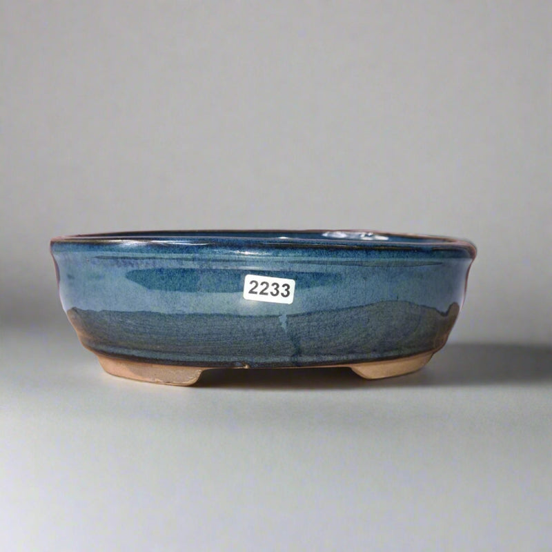 21cm Glazed Bonsai Pot | Oval | 21cm x 16cm x 7cm | Blue - Yorkshire Bonsai