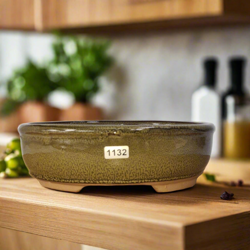 21cm Glazed Bonsai Pot | Oval | 21cm x 16cm x 7cm | Green - Yorkshire Bonsai