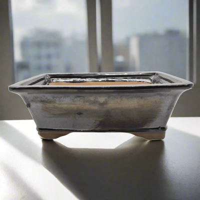 26cm Glazed Bonsai Pot | Rectangle | 26cm x 21cm x 9cm | Silver - Yorkshire Bonsai