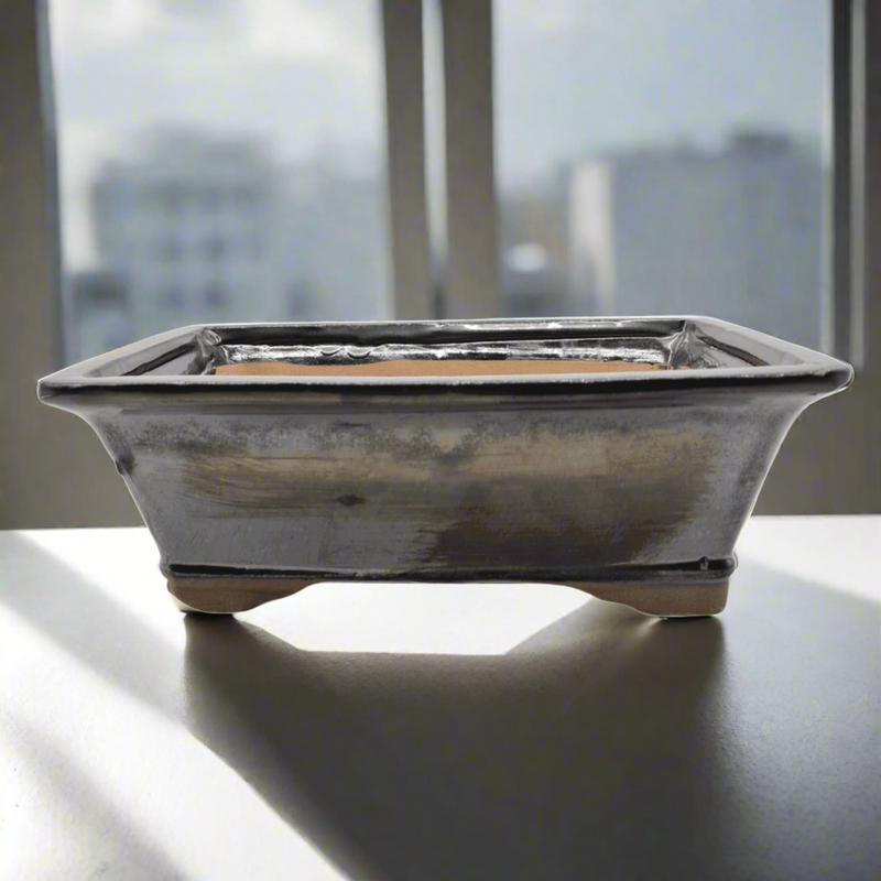 26cm Glazed Bonsai Pot | Rectangle | 26cm x 21cm x 9cm | Silver - Yorkshire Bonsai