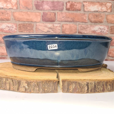 32cm Glazed Bonsai Pot | Oval | 32cm x 25cm x 9cm | Blue - Yorkshire Bonsai