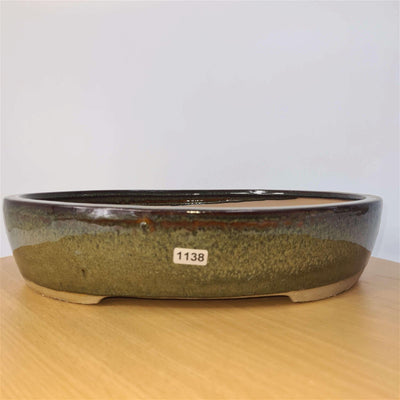 32cm Glazed Bonsai Pot | Oval | 32cm x 26cm x 7cm | Green - Yorkshire Bonsai