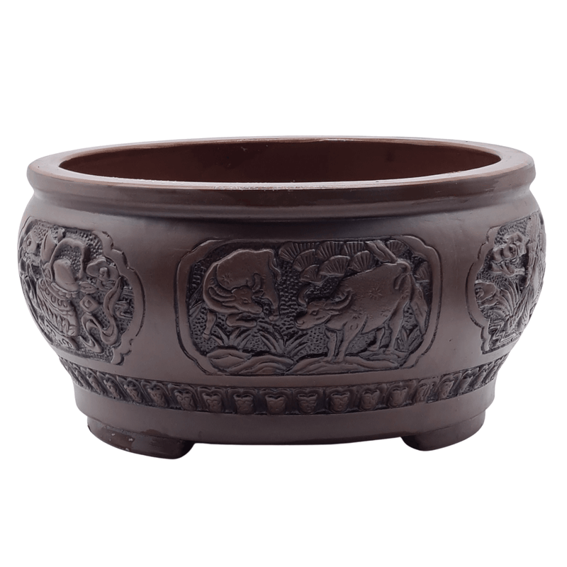 Unglazed Ornate Round Deep Bonsai Pot | 30cm x 30cm x 15cm
