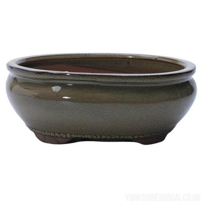 20cm Glazed Bonsai Pot | Oval | 20cm x 16cm x 6cm | Green