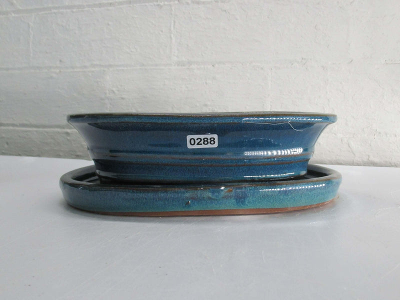 21cm Glazed Bonsai Pot | Oval | 21cm x 16cm x 6cm | Blue | With drip tray