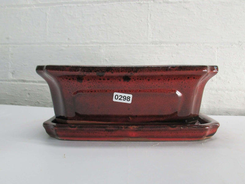 21cm Glazed Bonsai Pot | Rectangle | 21cm x 15cm x 8cm | Red | With drip tray